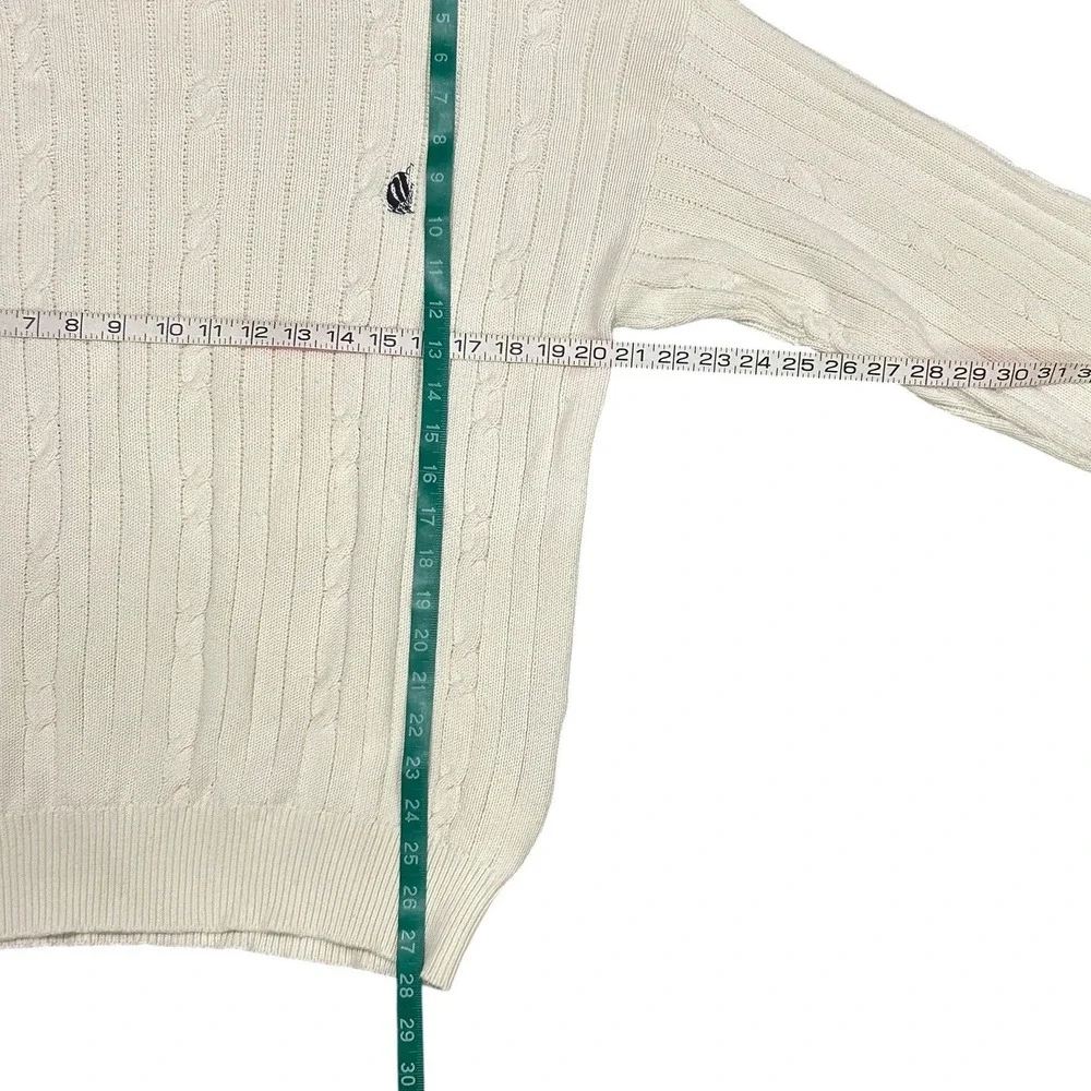 Nautica Mens Cream White Cable Knit Cotton Crewneck Sweater Quiet Luxury